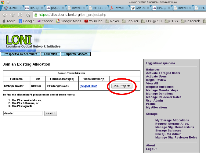 LONI Search PI's List of Allocations