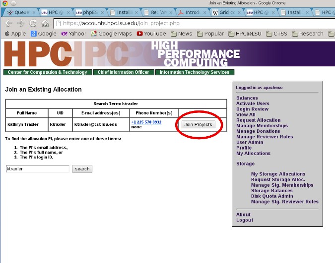 LSU HPC Search PI's List of Allocations